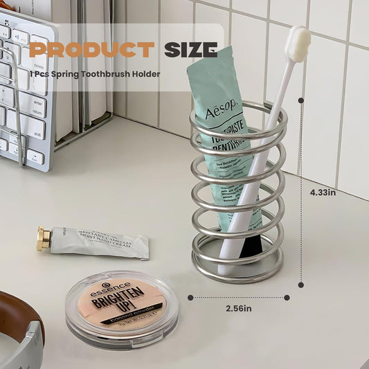 Stainless Steel Spring Toothbrush Holder – Minimalist Desktop Organizer for Bathroom & Dressing Table – Multifunctional Pen & Makeup Brush Stand (Silvery)