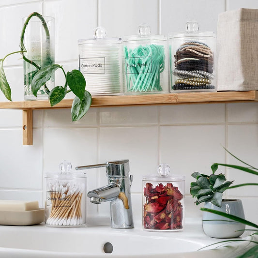 Clear Acrylic Cotton Swab Holder with Lid – 10oz Bathroom Storage Jar for Cotton Buds & Small Essentials