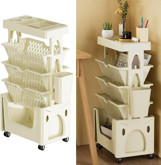 5-Tier Movable Book Shelf on Wheels – 360 degrees Rotatable Storage Bookcase – Creative DIY Book Display Stand for Home & Office (White/Khaki)