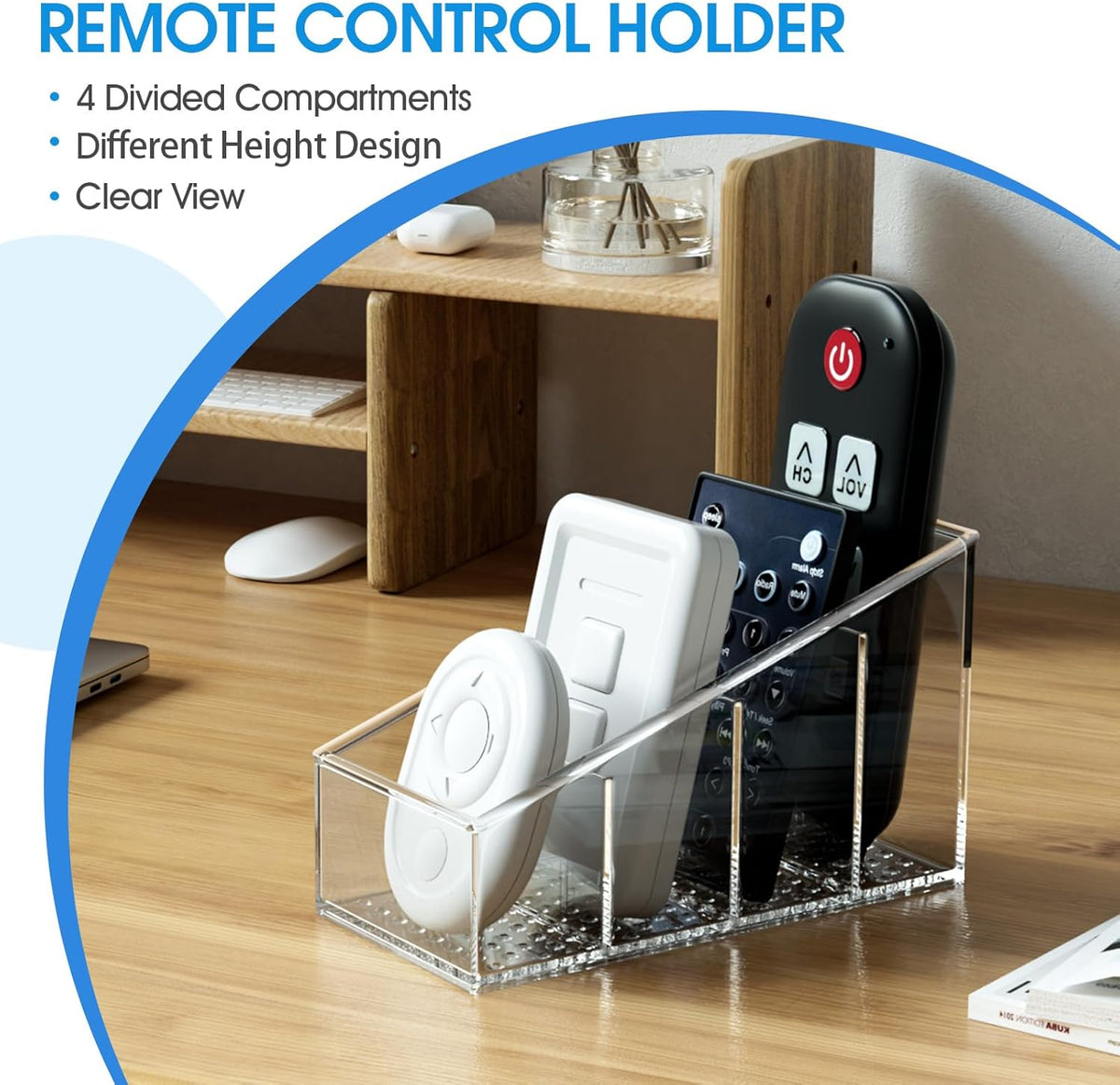 Support de télécommande et organiseur de bureau en plastique transparent avec 4 compartiments pour la maison et le bureau