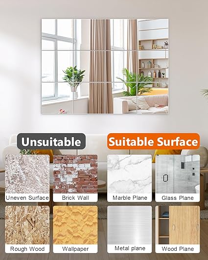 10 PCS Acrylic Mirror Wall Stickers 15 × 22 cm – Self-Adhesive Decorative Mirror Tiles for Home, Bedroom, Living Room & Gym