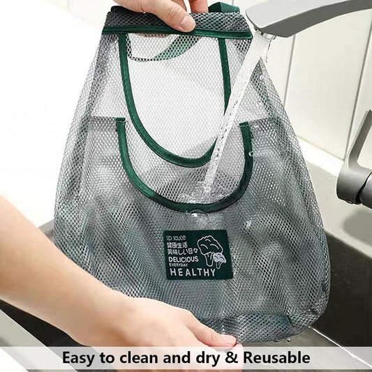 Reusable Mesh Hanging Storage Bags - Breathable Kitchen Net Bag for Fruit and Vegetables - Wall-Mounted Organizer for Garlic, Onions, Ginger, and Potatoes