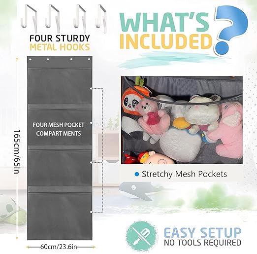Over-the-Door Toy Storage Hanging Bag – Mesh Net Organizer for Stuffed Animals & Plushies – Vertical Hammock-Style Display for Nursery & Playroom