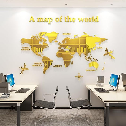 3D Acrylic World Map Wall Sticker – Large Golden DIY Wall Art Decor for Living Room, Office & TV Wall (180×100cm)