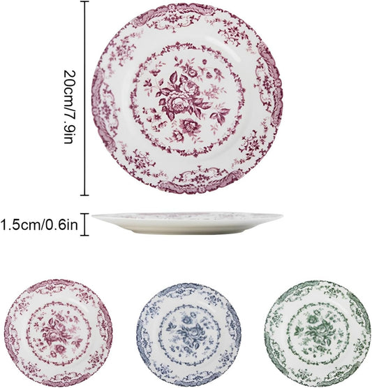 French Vintage Pink Ceramic Plate – European Style 8"/10" Dinner Dishes – Artistic Salad & Dessert Plate with Antique Floral Accents (Green / Red / Blue Trim) Size of plate 10 inch
