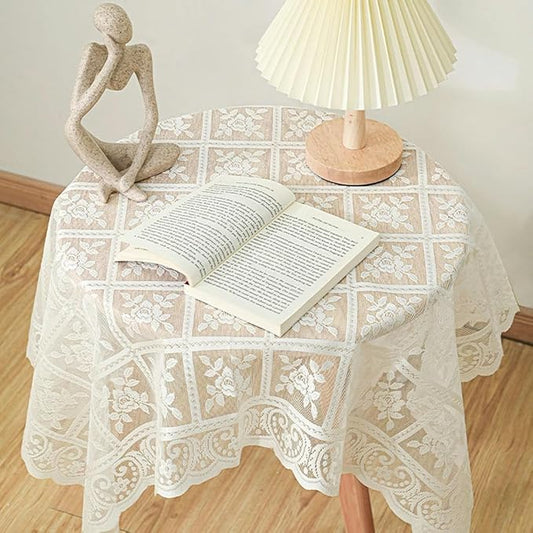 140x180cm Antique Embroidered Lace Tablecloth – Square Floral Cutout Dining Cover – Elegant Solid Color Polyester Lace Overlay for Weddings, Tea Parties, and Home Decor