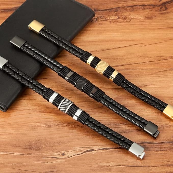 Retro Men's Magnetic Buckle Bracelet PU Alloy Woven Leather Bracelet