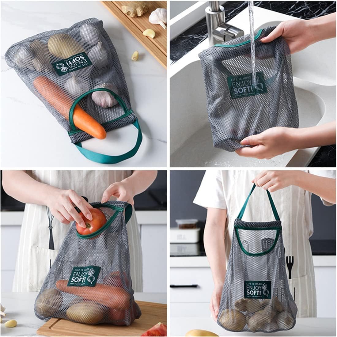 Reusable Mesh Hanging Storage Bags - Breathable Kitchen Net Bag for Fruit and Vegetables - Wall-Mounted Organizer for Garlic, Onions, Ginger, and Potatoes