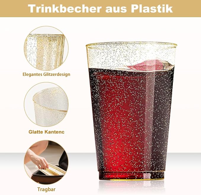 42-Pack Reusable Glitter Gold Plastic Cups 360ml – Party & Event Drinkware