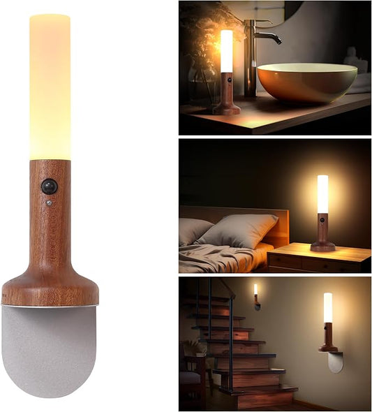 Rechargeable Motion Sensor Night Light – Magnetic LED Wall Lamp for Stairs, Cabinets & Hallways (Sapele Wood)