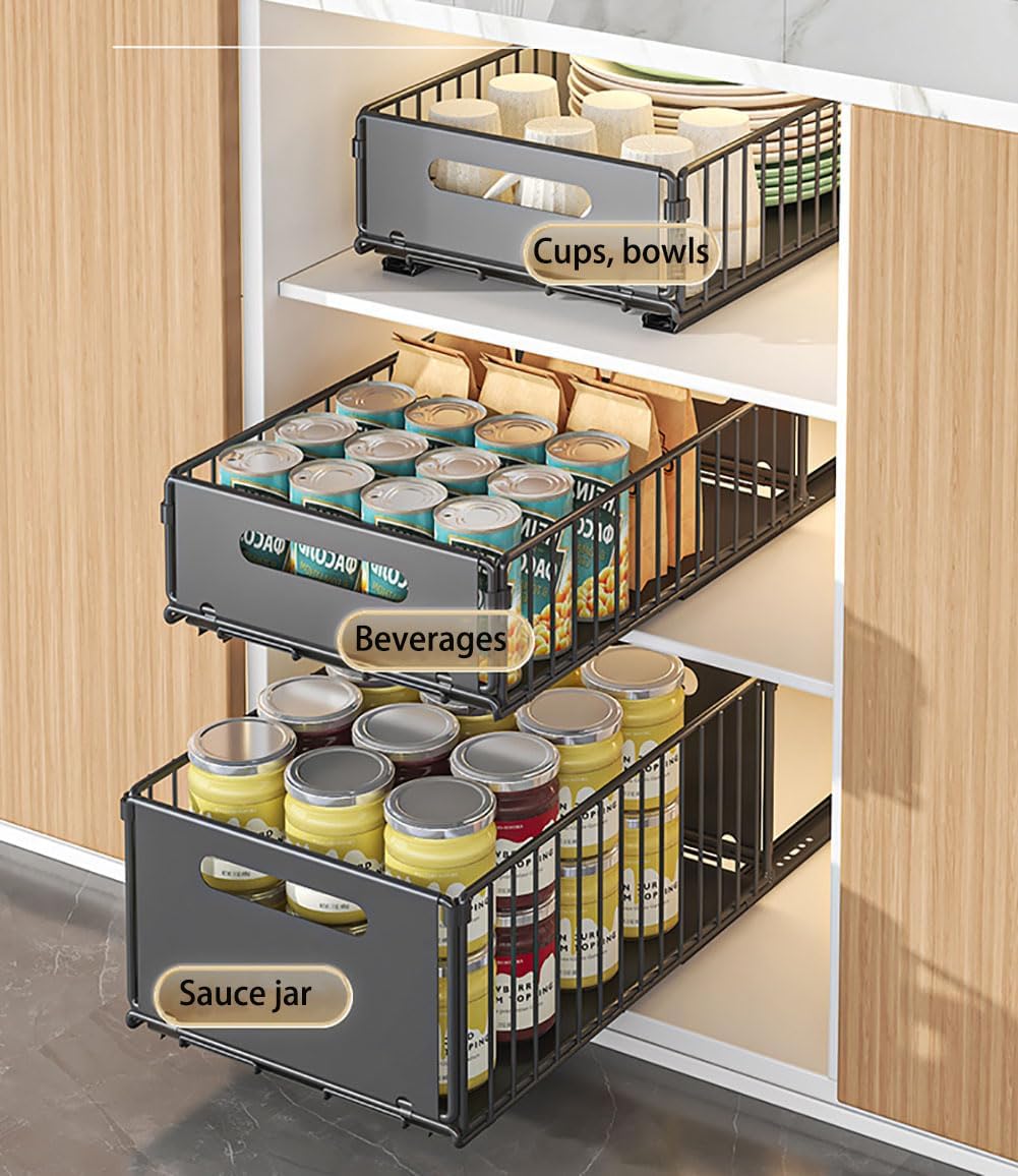 Pull-Out Kitchen Cabinet Storage Rack | Sliding Home Seasoning & Pantry Organizer | Deep Cabinet Internal Basket for Kitchen & Bathroom