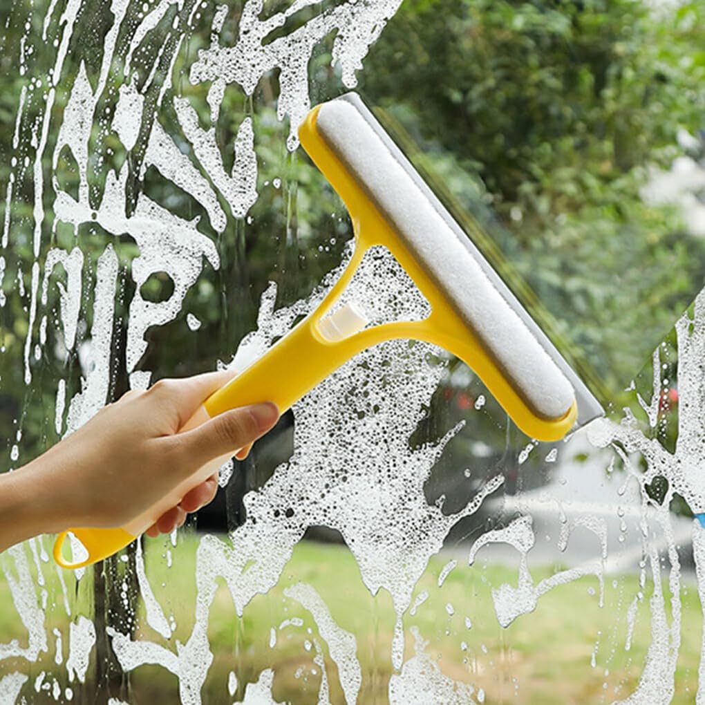 3-in-1 Multi-Functional Glass Cleaner – Built-in Watering Can & Integrated Scraper – All-Purpose Window Squeegee for Home, Bathroom, and Car (White/Blue/Yellow)