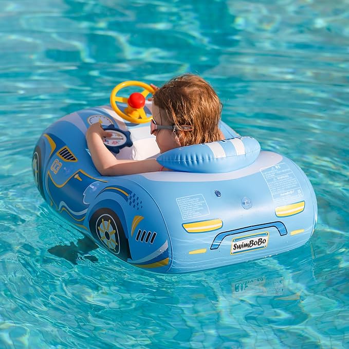 Inflatable Toddler Swim Float with Retractable Canopy & Seat – Car-Shaped Pool Float for Kids 3+ Years