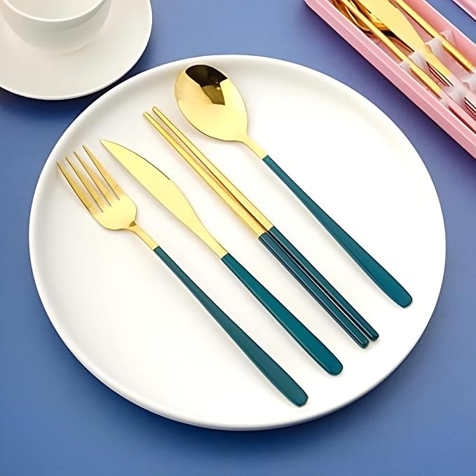 4-Piece Portable Travel Cutlery Set with Case – Stainless Steel Knife, Fork, Spoon, and Chopsticks – Reusable Outdoor Camping & Office Lunchware Kit