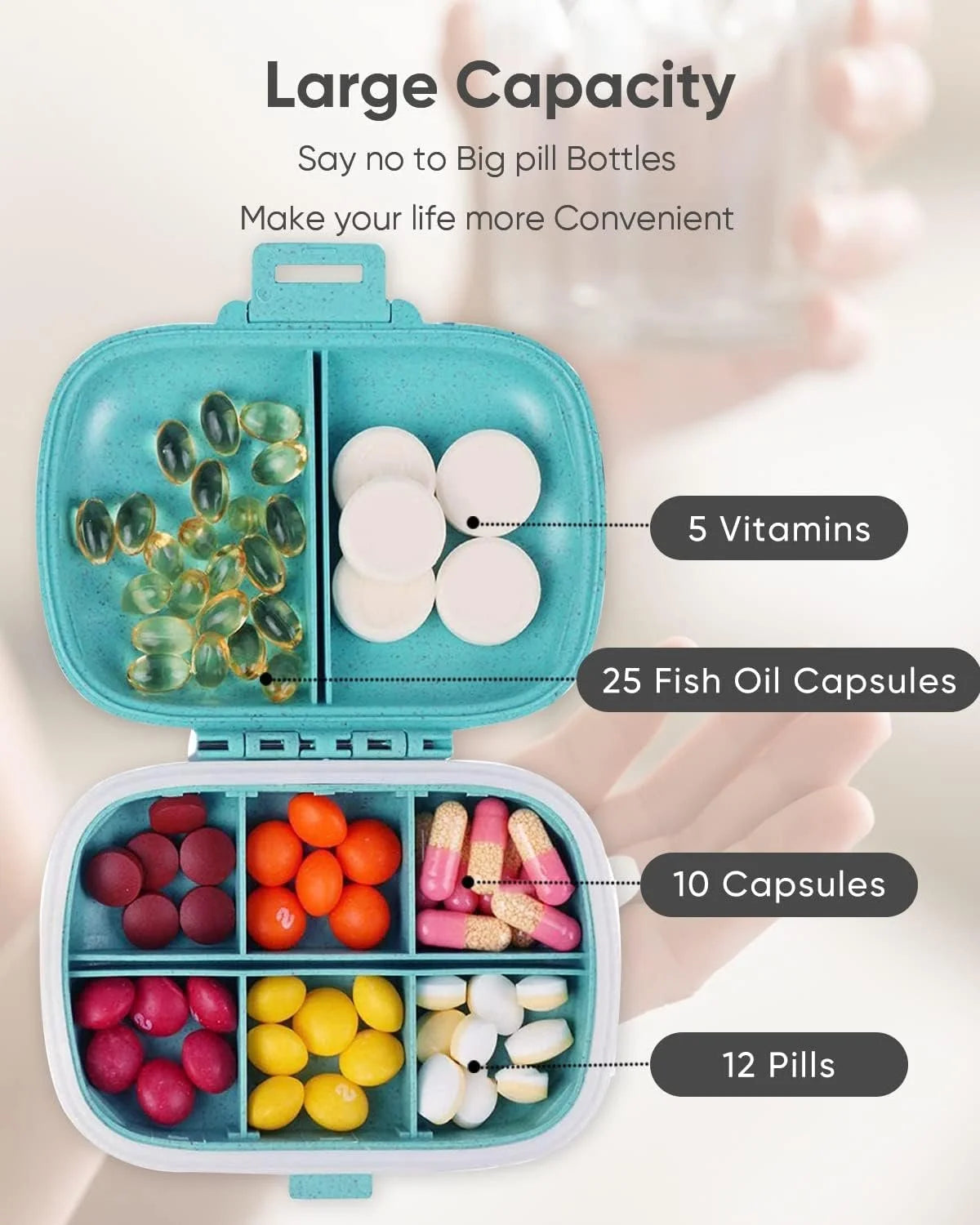 Portable 8-Compartment Pill Organizer Box – Travel Medicine, Vitamin & Supplement Storage Case