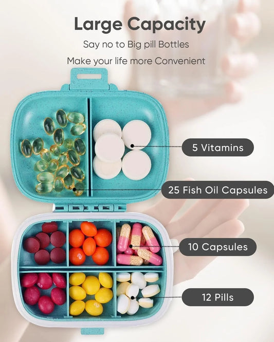 Portable 8-Compartment Pill Organizer Box – Travel Medicine, Vitamin & Supplement Storage Case
