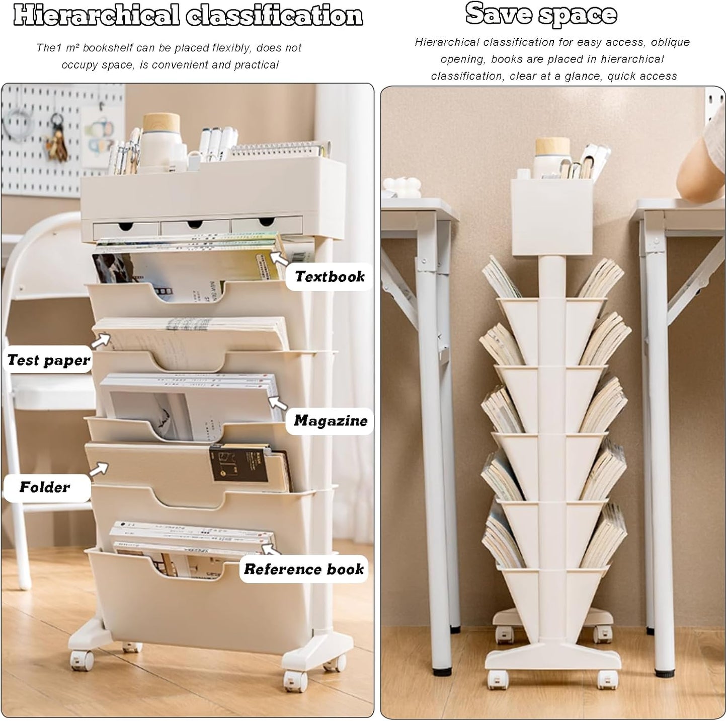 Mobile Book Storage Rack with Wheels – Large Capacity Multi-Layer Bookshelf – Table-Side Magazine Organizer for Living Room & Study Room