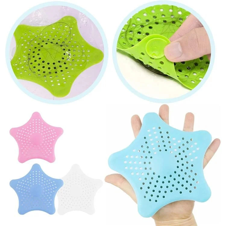Silicone Drain Protector Hair Catcher – Set of 4 Star-Shaped Sink & Shower Drain Covers with Strong Suction Cups (Blue)