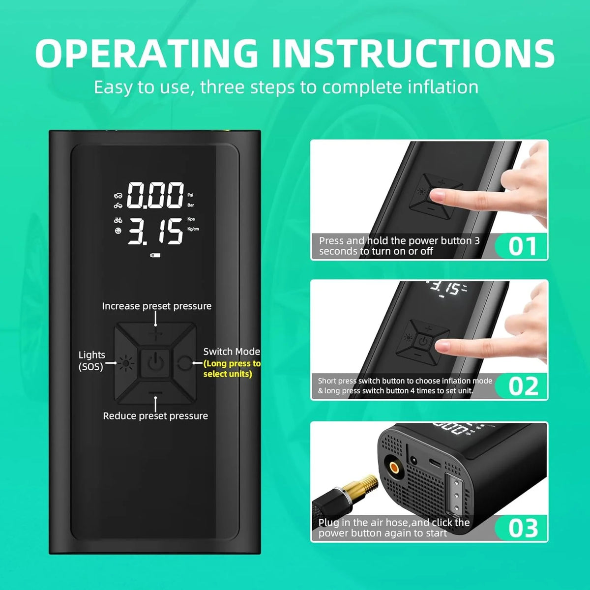 Portable 150 PSI Cordless Air Compressor – Rechargeable Electric Tire Inflator with Digital Pressure Gauge & LED Emergency Light for Car, Bike, Motorcycle & Balls