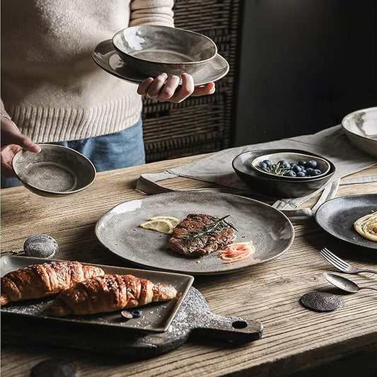 Retro Japanese Style Special-Shaped Ceramic Tableware – Elegant Handmade Aesthetic Dinner Plates & Serving Bowls – High-End Creative Dinnerware for Steak, Salad & Pasta – Unique Table Decor (5"/6.5"/8"/8.5" Bowls, 10" Disk, 11" Plate)