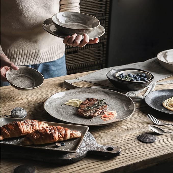 Retro Japanese Style Special-Shaped Ceramic Tableware – Elegant Handmade Aesthetic Dinner Plates & Serving Bowls – High-End Creative Dinnerware for Steak, Salad & Pasta – Unique Table Decor (5"/6.5"/8"/8.5" Bowls, 10" Disk, 11" Plate)