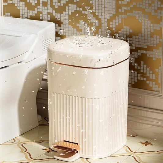 Retro Luxury Step Trash Can – 10L Soft-Close Garbage Bin with Gold Trim – Vintage Style Plastic Wastebasket with Pressure Ring for Bathroom & Bedroom (White/Green)