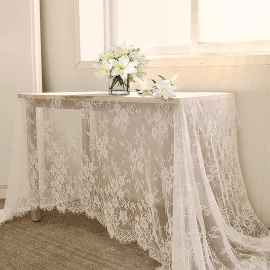 150CM*300CM Rustic White Lace Tablecloth – Vintage Embroidered Boho Wedding Decor – Floral Lace Table Overlay for Receptions, Valentine’s Day, and Shabby Chic Parties