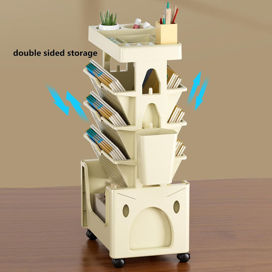 5-Tier Movable Book Shelf on Wheels – 360 degrees Rotatable Storage Bookcase – Creative DIY Book Display Stand for Home & Office (White/Khaki)