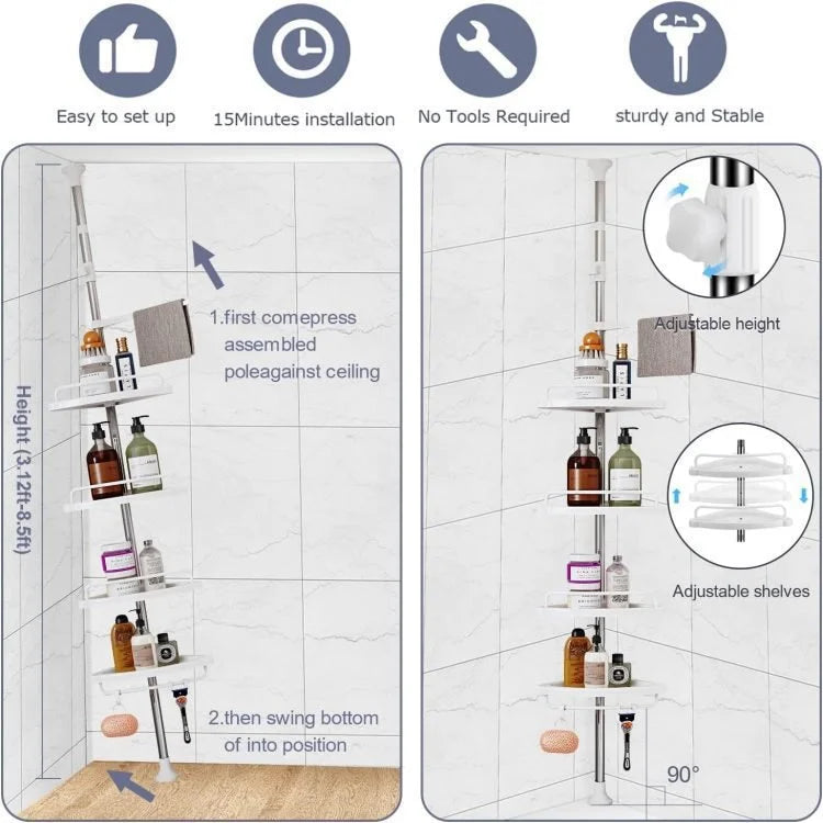 Adjustable Tension Pole Shower Caddy – 4 Tier Corner Bathroom Organizer Rack with Towel Holder
