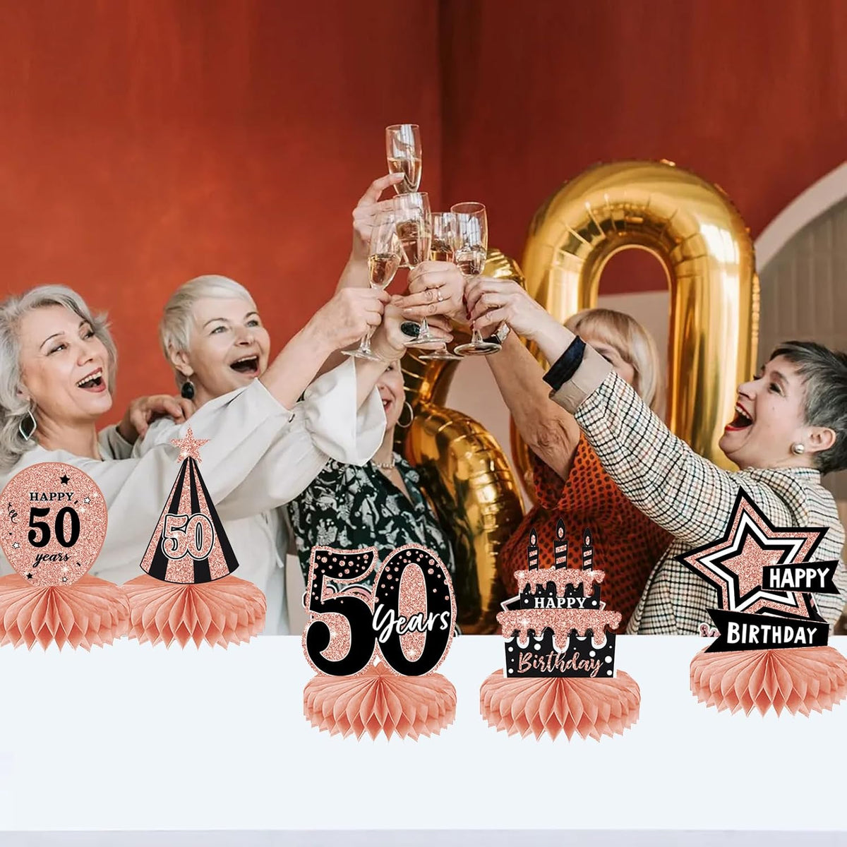 8-Piece 50th Birthday Table Centerpiece Decorations – Rose Gold Glitter Honeycomb Party Décor Set