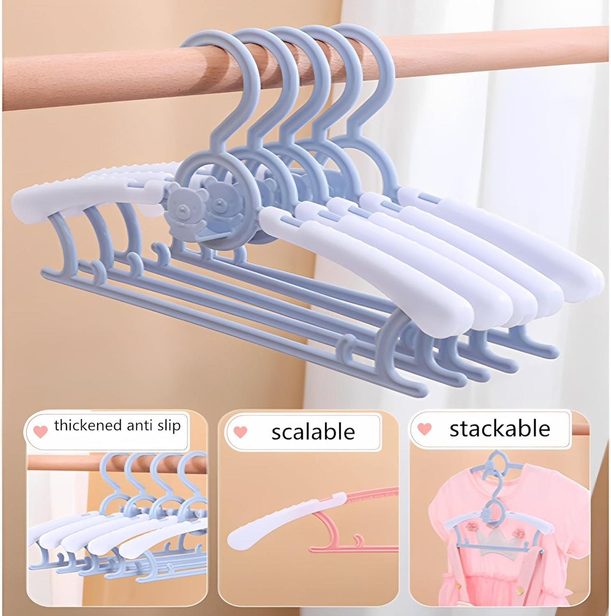 [ 1 PIÈCE ] Cintres pour chambre de bébé peu encombrants – Cintres fins en plastique pour vêtements et pantalons d'enfants – Organisateur de placard durable pour bébés garçons et filles (Rose/Bleu/Jaune)