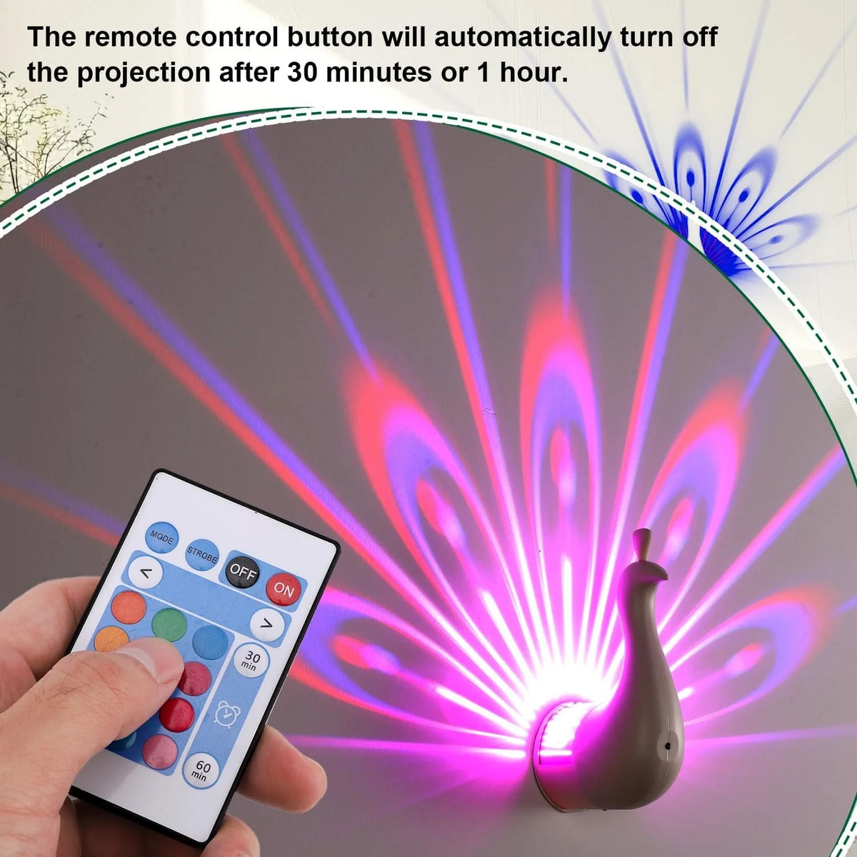 Veilleuse de projection LED Paon rose – Lampe murale rechargeable USB avec télécommande, éclairage ambiant multicolore et minuterie