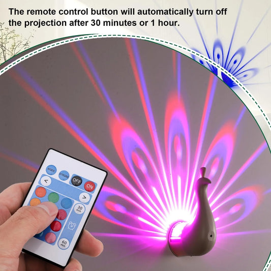 Pink Peacock LED Projection Night Light – USB Rechargeable Wall Lamp with Remote Control, Multicolor Ambient Lighting & Timer