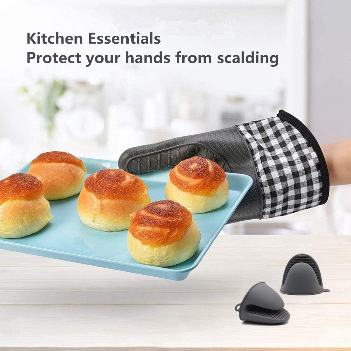 Manique de cuisine extra-longue en silicone isolant – Gant de cuisine épais, antidérapant et résistant aux hautes températures