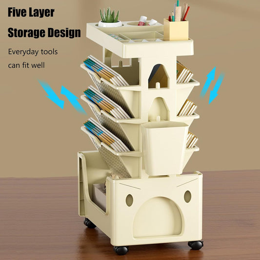 5-Tier Movable Book Shelf on Wheels – 360 degrees Rotatable Storage Bookcase – Creative DIY Book Display Stand for Home & Office (White/Khaki)