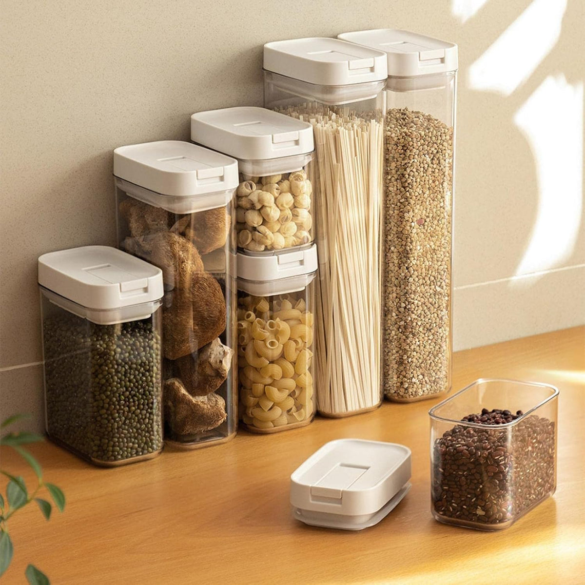 حاويات تخزين طعام محكمة الإغلاق | منظمات مطبخ بلاستيكية خالية من مادة BPA بأغطية قفل | برطمانات قابلة للتكديس ومقاومة للرطوبة لتخزين الحبوب والقهوة والسكر