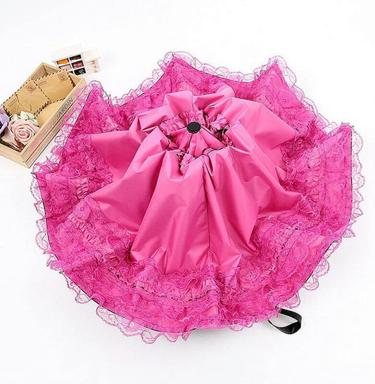 Ladies Elegant Lace Folding Umbrella – Vintage Floral Embroidery Sun Umbrella – Small & Portable UV-Protection Parasol – Lightweight Compact Travel Umbrella for Girls & Women (Pink / Black / Fruity Green)