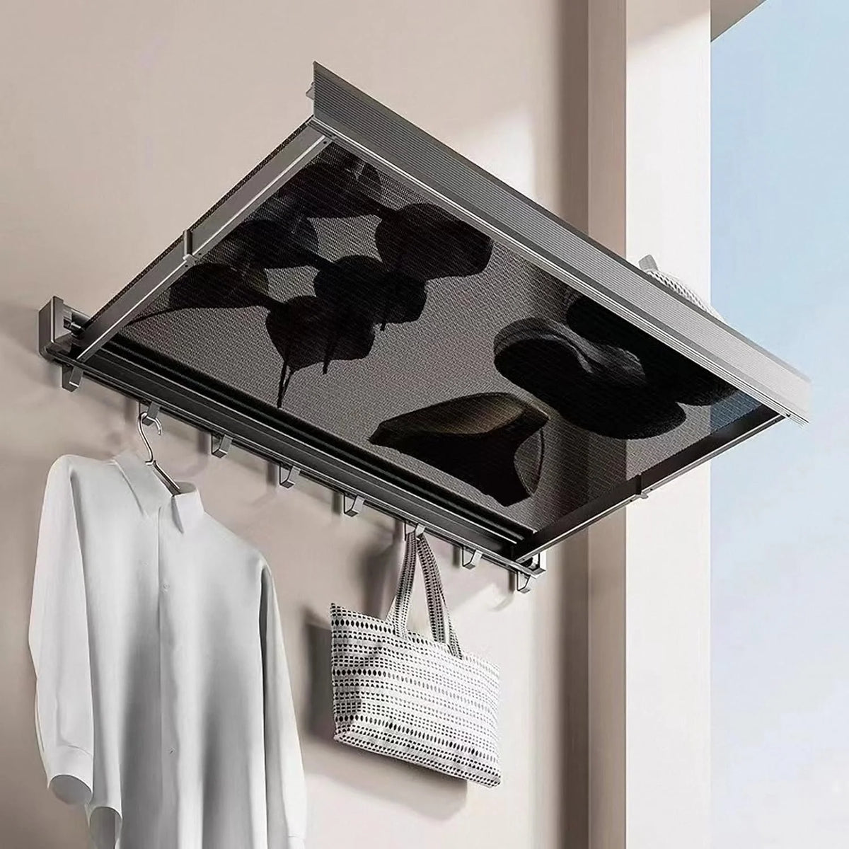 Séchoir à linge mural rétractable avec étagère en filet – Séchoir à linge pliable pour balcon, salle de bain et buanderie (60 cm)