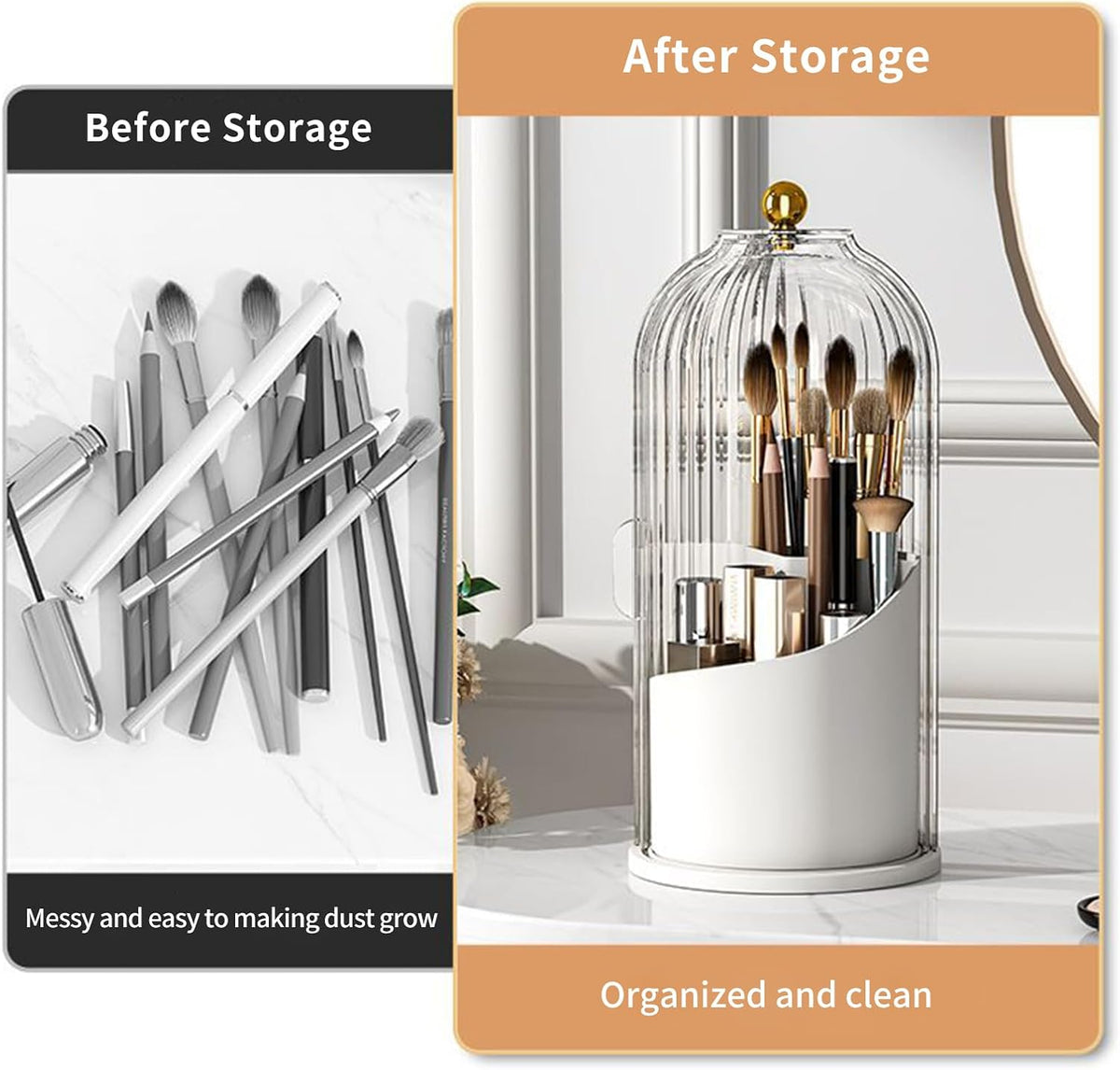 360° Rotating Makeup Brush Organizer with Dust-Proof Cover – Luxury Cosmetic Storage Box for Lipsticks, Eyebrow Pencils, and Eyeliner – Clear Waterproof Vanity Display Case – Multi-Functional Desktop Station