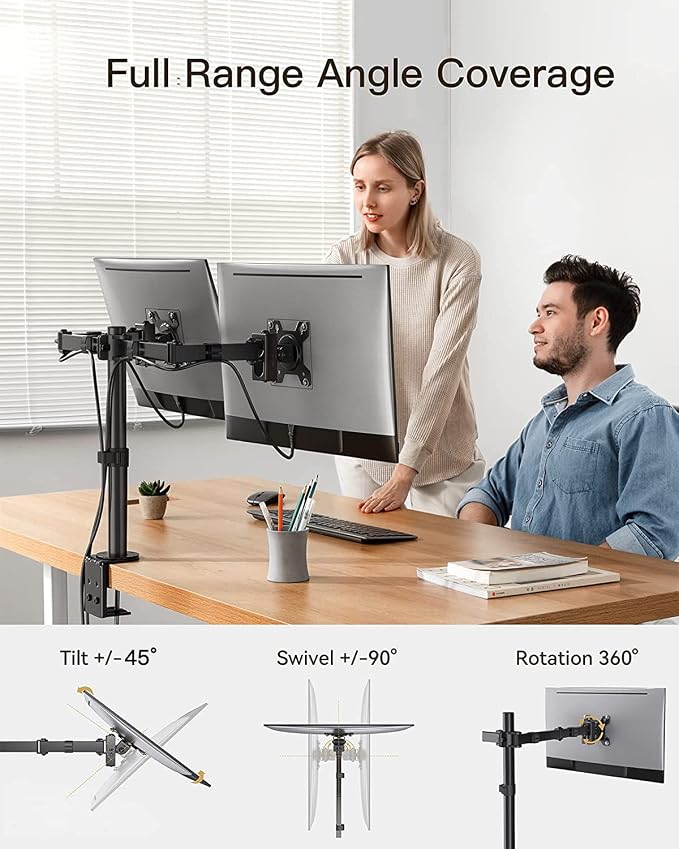 Bestqi RL 7101 Heavy-Duty Dual Monitor Arm Desk Mount – 17–32 Inch, 12kg Per Arm, Full Motion VESA Stand