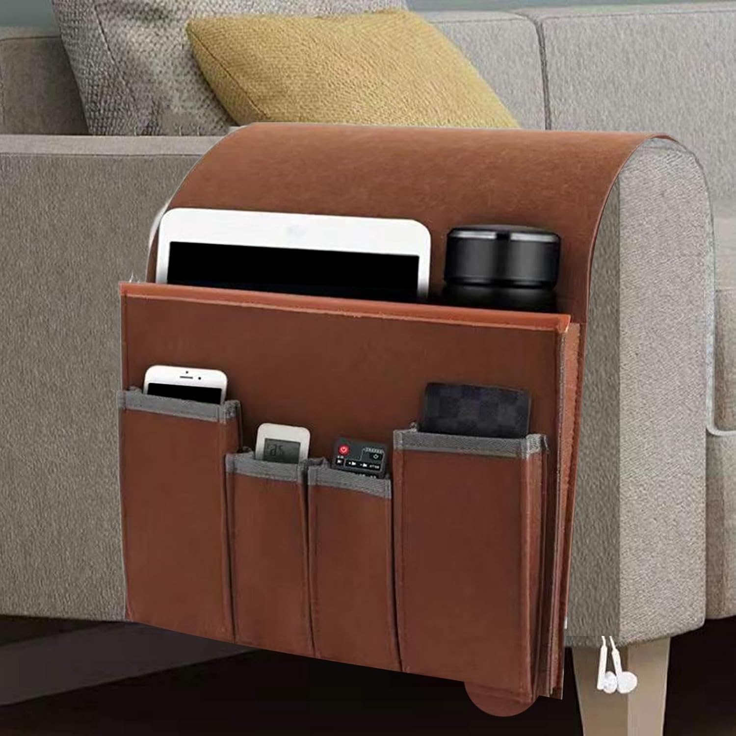 Felt Couch Armchair Caddy – Non-Slip Recliner Armrest Organizer – Hanging Storage Bag for Remotes, Tablets, and Magazines (Brown/Gray)