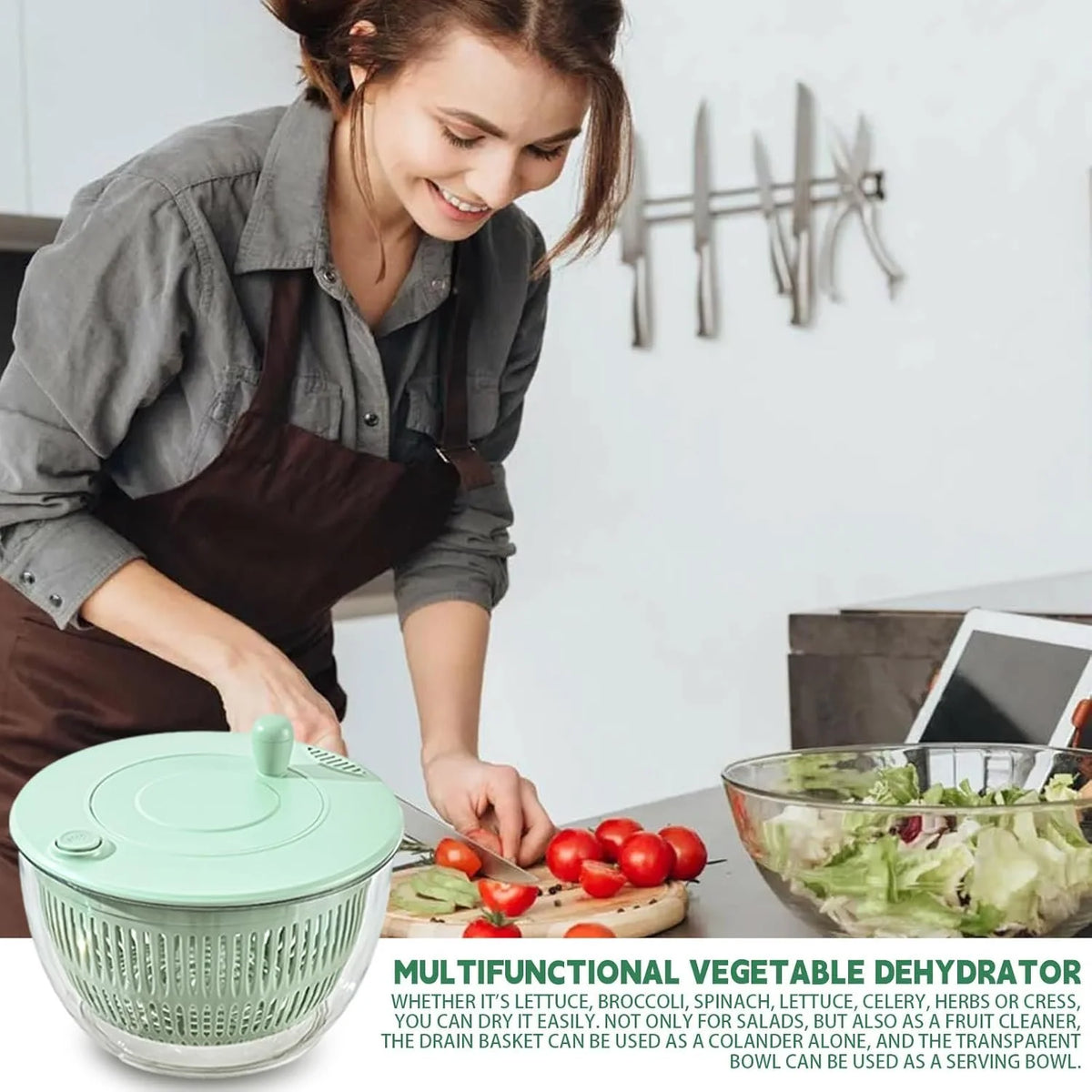 Manual Salad Spinner & Vegetable Dryer – Large Fruit and Vegetable Washer with Rotating Handle, Colander & Mixing Bowl (23.5 cm)