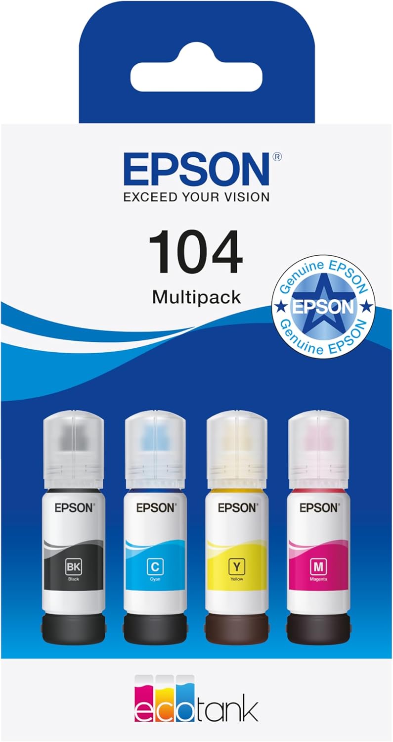 Epson EcoTank 104 Genuine Multipack Ink Bottles (BK/C/M/Y) – 65ml Each | Original Epson Printer Ink