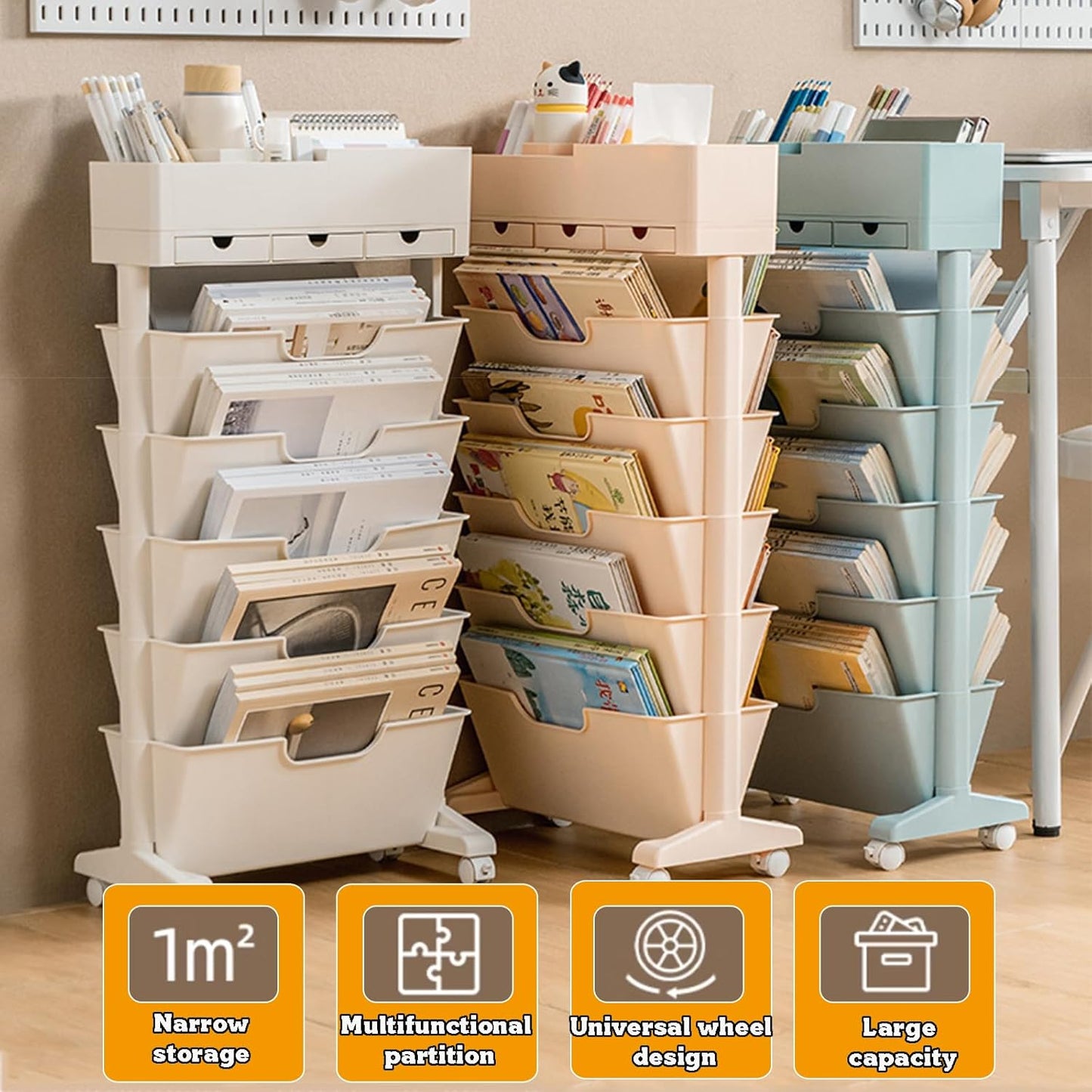 Mobile Book Storage Rack with Wheels – Large Capacity Multi-Layer Bookshelf – Table-Side Magazine Organizer for Living Room & Study Room