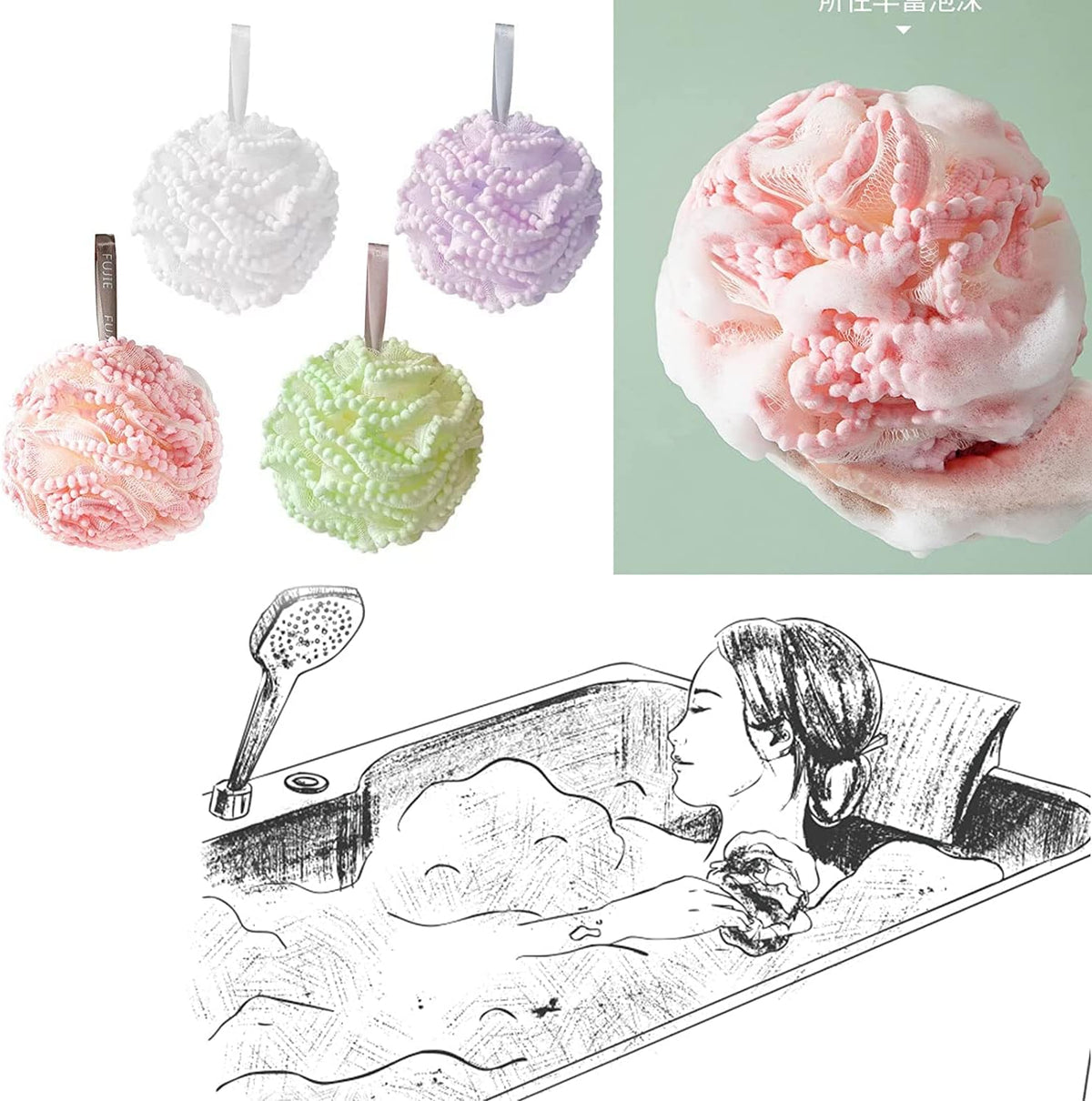 New Soft Foam Sponge Stick – Tennis-Style Long Handle Shower Flower – Ultra-Soft Skin Cleansing Bath Ball & Back Scrubber (White/Pink/Green/Purple)
