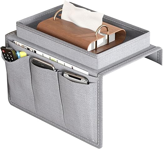 New Oxford Cloth Sofa Armrest Organizer – Multi-Pocket Storage Bag with Integrated Cup Tray – Cellphone, Remote, & Tissue Holder for Couch – Home Decor Accessory (Gray/White)