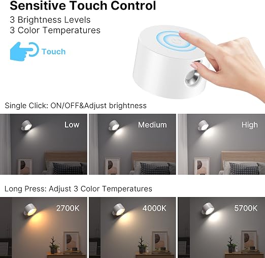 Mexllex 2-Pack Rechargeable LED Wall Lights – 360° Rotatable Touch-Control Wireless Sconces with 3 Brightness Levels & Color Modes