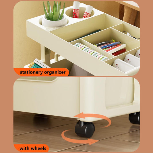 5-Tier Movable Book Shelf on Wheels – 360 degrees Rotatable Storage Bookcase – Creative DIY Book Display Stand for Home & Office (White/Khaki)