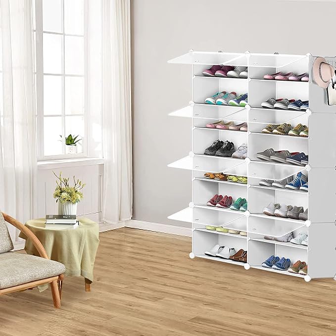 YIHATA 2 x 8-Tier Shoe Rack for Up to 32 Pairs – Dustproof White Shoe Storage Cabinet for Hallway, Bedroom & Entryway