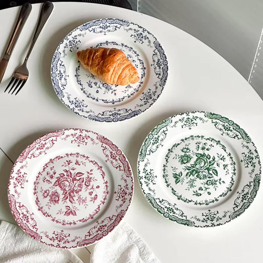 French Vintage Pink Ceramic Plate – European Style 8"/10" Dinner Dishes – Artistic Salad & Dessert Plate with Antique Floral Accents (Green / Red / Blue Trim) Size of plate 10 inch